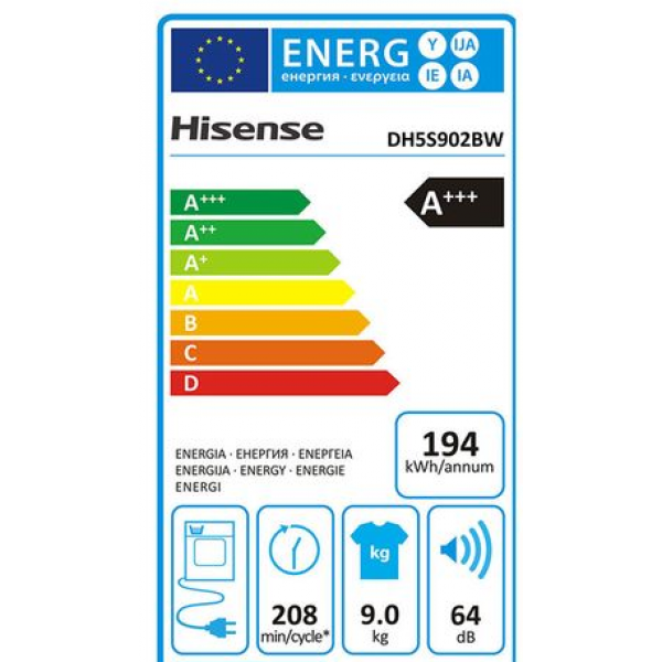 Hisense DH5S902BW Στεγνωτήριο Ρούχων με Αντλία Θερμότητας 9kg A+++ Wi-Fi, Λευκό