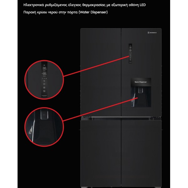 Morris B74537ECM Ψυγείο Ντουλάπα 4πορτο No Frost, Ενεργειακή E, 535 lt, 183*91.1*70.6 cm, Μαύρο Γυαλί
