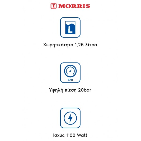 Morris R20809EMB Retro Ημιαυτόματη Μηχανή Espresso, Πίεσης 20bar, Δοχείο 1.25lt, 1100W, Γαλάζιο