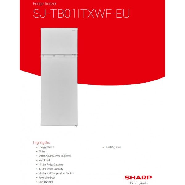 Sharp SJ-FTB01ITXWF-EU Δίπορτο Ψυγείο, Ενεργειακή F, 213 lt, 144*54*57 cm, Λευκό